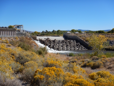 View of Marble Bluff Dam and fish lock. 
