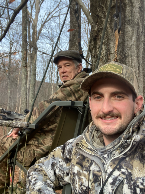Mentor Matt Falteich with his mentee Mark up in a tree stand during the mentored archery deer hunt at the Cherry Valley National Wildlife Refuge in November 2024