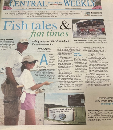 A news paper front page from the Pacific Daily on Guam. It features a young Nikki Imamura on the cover with her father at the beach. It's titled Fish Tales and Fun Times