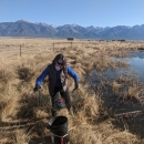 A woman holding a net next to a pond in a field of brown grass