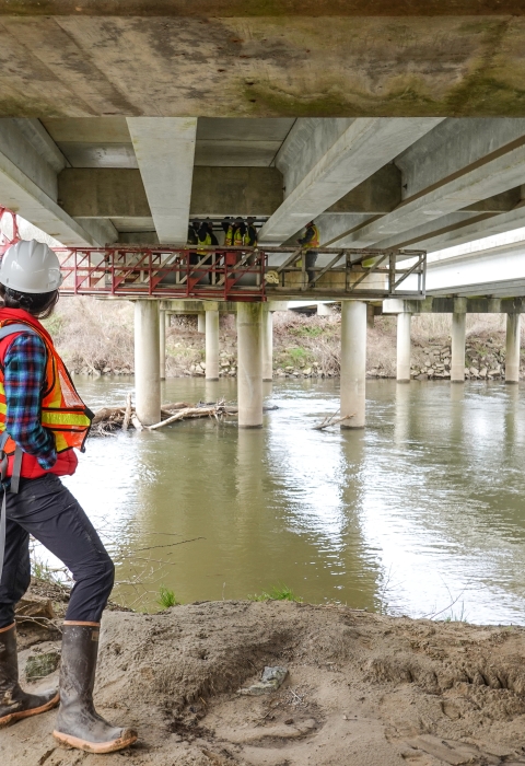 Person standing on river bank beneath bridge watching work crew on catwalk working below the bridge