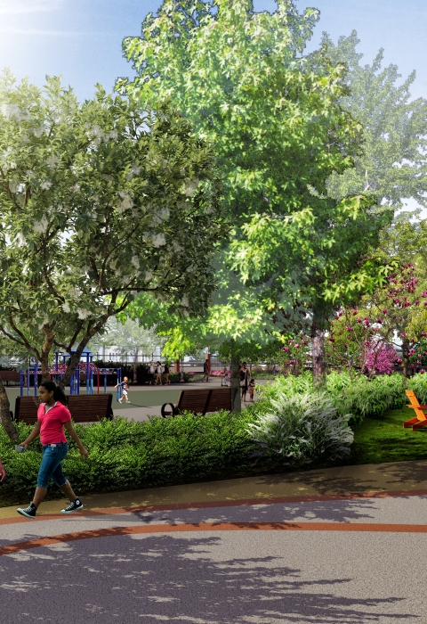 a design rendering showing students walking among trees and green spaces