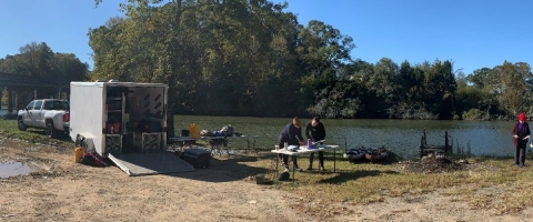 Base camp team discussing logistics