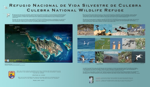 An interpretive panel displaying essential information about Culebra National Wildlife Refuge.