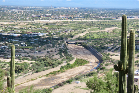Aerial view of an area with buildings and vegetation