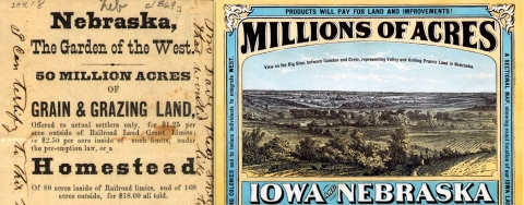 Composite image of two 19th Century posters advertising the Homestead Act of 1862, boasting millions of acres of land available for eligible American pioneers