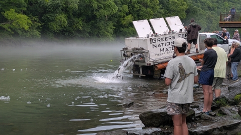 Fish stocking truck and people standing on riverbank with fishing poles.