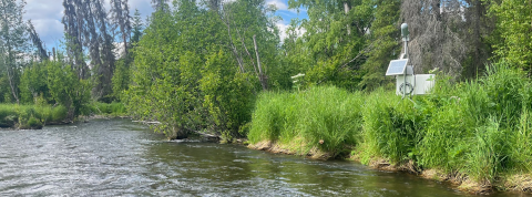 Looking down stream with streamflow gage equipment on top of the right bank