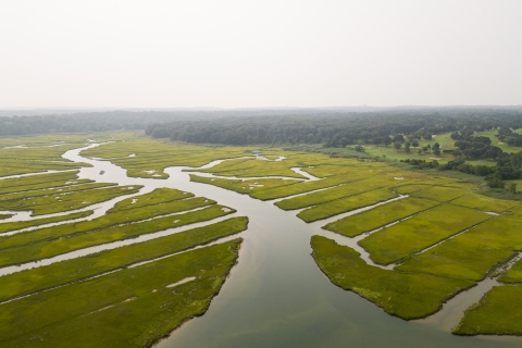 Aerial photo of mosquito ditches at Crab Meadow Marsh on the the North Shore of Long Island, New York.