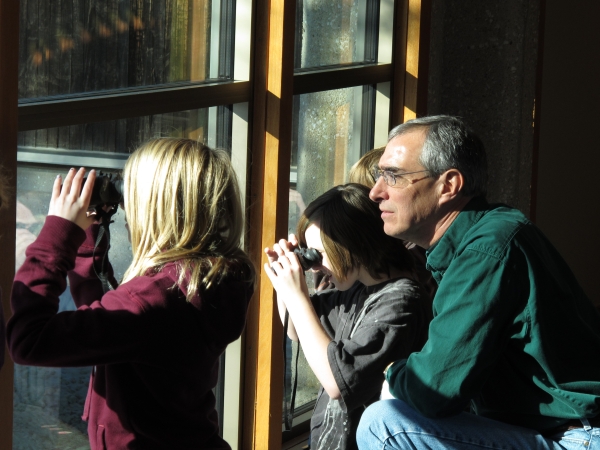 Three visitors, an adult male and two children, using binoculars and looking out from a viewing platform within the DeSoto Visitor Center. 