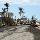 Heavy equipment parked on damaged asphalt alongside construction debris and damaged palm trees.