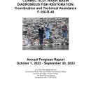 Image of report cover with four people standing on rocks near water and texting saying CONNECTICUT RIVER BASIN DIADROMOUS FISH RESTORATION: Coordination and Technical Assistance F-100-R-40 Annual Progress Report October 1, 2022 - September 30, 2023 U.S. Fish and Wildlife Service Connecticut River Fish and Wildlife Conservation Office Kenneth Sprankle, Project Leader 103 East Plumtree Road Sunderland, MA 01375-9138