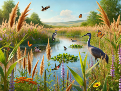 Graphic with a biodiverse wetland of plants and various bird species