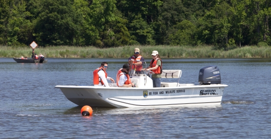 boat in water with FWS employees