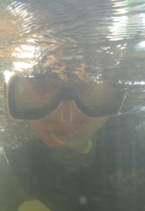 Underwater view of a snorkeler's face