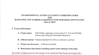 Environmental Action Statement Screening Form for Blencowe Safe Harbor Agreement for Nothern Spotted Owl (June 6, 2022)