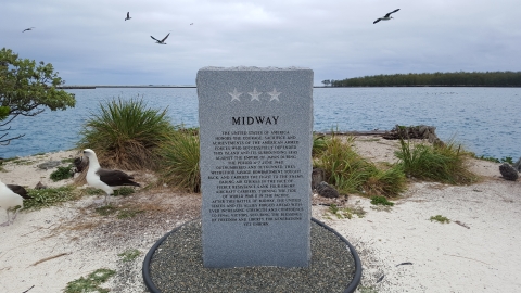 The Midway Memorial Marker with Laysan albatross on background