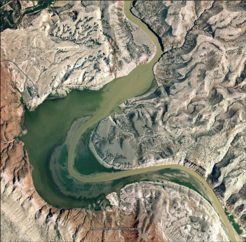 Aerial image of a curving marina