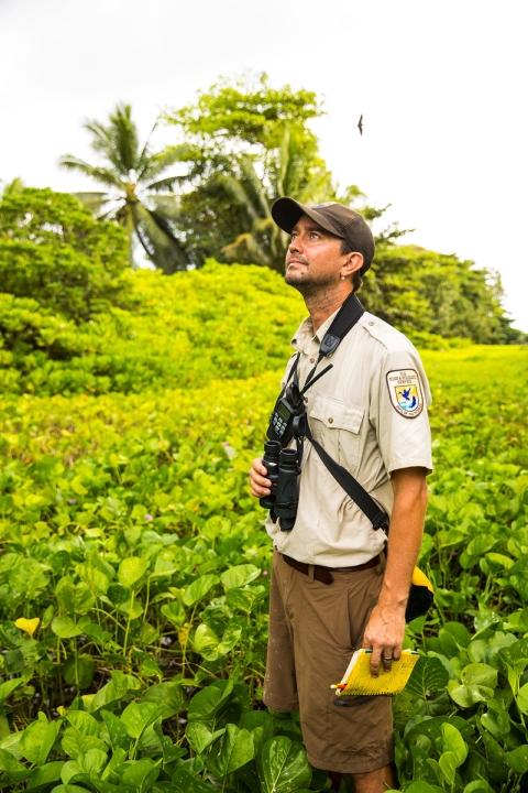 Stefan Kropidlowski stares up at birds flying while holding binoculars at Palmyra Atoll 