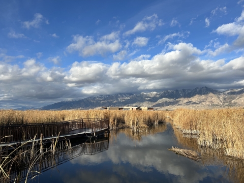 A cloudy sky over mountains and a wetland, with a dock in the foreground and building in the background. 