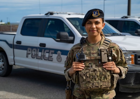 woman in fatigues and beret in front of pickup that says POLICE