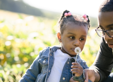 A young girl blows on a puff of dandelion seeds that she picked from the side of the road. She is with a boy, probably her older brother, enjoying the sunshine at the edge of a field. 