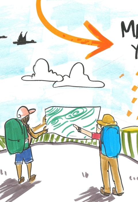 graphic illustration of two people with backpacks looking at a map and a rising sun on the horizon with the text "goal: improving satisfaction" and an arrow pointing to "mapping our your journey"