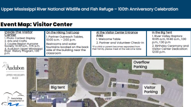 An aerial photo of the La Crosse District Visitor Center with labels sharing the location of event activities for the 100th Anniversary Celebration June 2024