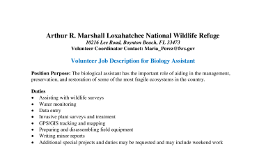 Volunteer Job Description for Biology Assistant at ARM Loxahatchee NWR