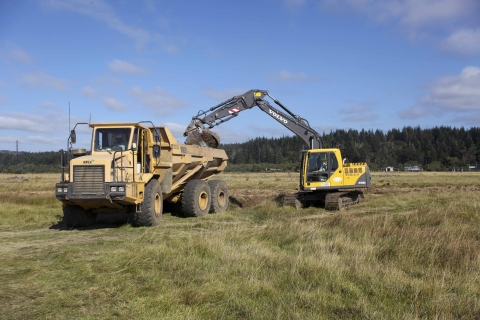 A mechanized digger scoops earth into the back of a yellow truck. 
