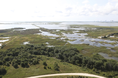 Flood waters cover New Jersey coastland after a hurricane.