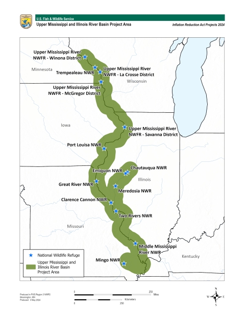 A map of the Upper Mississippi and Missouri rivers corridor as it runs through southeastern Minnesota, southern Wisconsin, Iowa, Illinois, Missouri and a western portion of Kentucky. There are 13 national wildlife refuges labeled with blur stars within the green buffer zone the runs on either side of the rivers. The purpose of the map is to show where Inflation Reduction Act funding is being put to work on the largest climate investment in history—for nature-based resiliency and restoration. Please contact