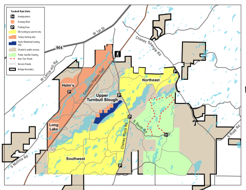 Turnbull National Wildlife Refuge hunting map. This map shows the boundaries of the refuge and aeas for elk hunting, turkey hunting, youth waterfowl hunting, public use and areas closed to public access. There are many bodies of water located throughout the refuge, and the map identifies parking areas, hunt blinds and an auto tour route. Turkey hunting is located in the northwest corner of the refuge in the Helm's and Long Lake unit. Youth waterfowl hunting is located in the interior part of the refuge, and