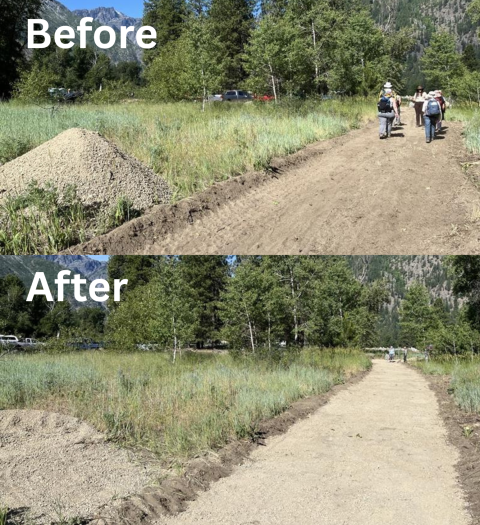A before photo of the dirt path above an after photo of the gravel path
