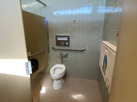 Image of a large bathroom stall with two grab bars behind and to the left of a white toilet. A baby changing table is mounted to the wall to the right of the toilet.