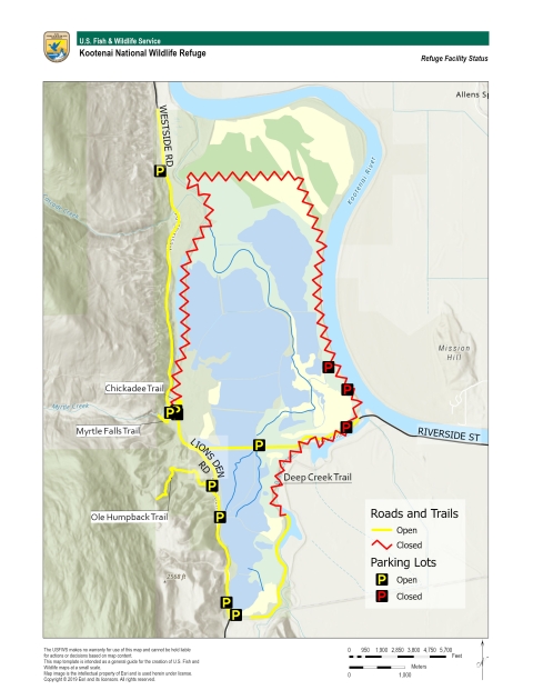 Image depicts a map of the Kootenai National Wildlife Refuge. A red zig-zag line covers all of the auto tour route and the upper portion of the Deep Creek Trail, indicating its closure. A bold yellow line indicates that the Chickadee Trail, Myrtle Falls Trail, Ole Humpback Trail, Lions Den Road, and Riverside Road all remain open.