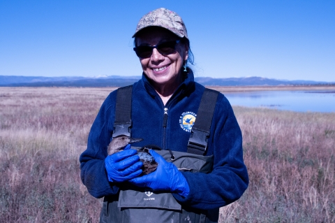 A refuge volunteer holding a blue-winged teal during a duck banding session smiling at the camera.