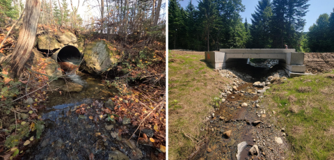 stream crossing replacement before and after, including a round metal pipe culvert before and an open bottomed concrete bridge after
