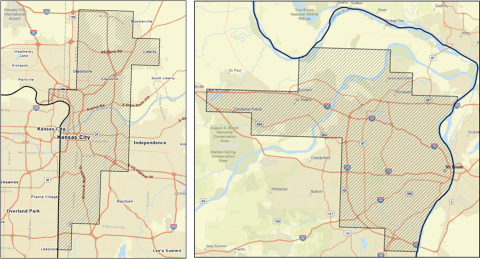 Image of maps in the St. Louis and Kansas City Metro areas where impacts to listed bats are expected to have No Effect