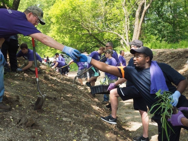 FedEx employees, wearing matching blue shirts, reach to pass each other supplies while planting native flowers at the entrance of a new multi-use trail extension at John Heinz National Wildlife Refuge at Tinicum in Philadelphia.