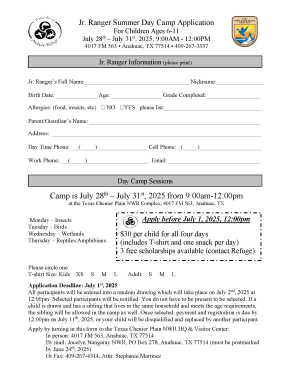 Jr. Ranger Summer Day Camp Application
