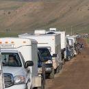 A long line of vehicles forms at National Elk Refuge on opening day of the shed antler hunt season.