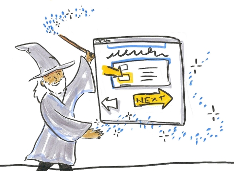 cartoon of a tan wizard with a white beard and long white hair gesturing to a web page with arrows pointing to different boxes