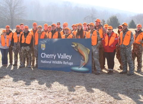 Participants in the Field to Fork mentored rifle deer hunt pose for a group photo at Cherry Valley National Wildlife Refuge in December 2024. 