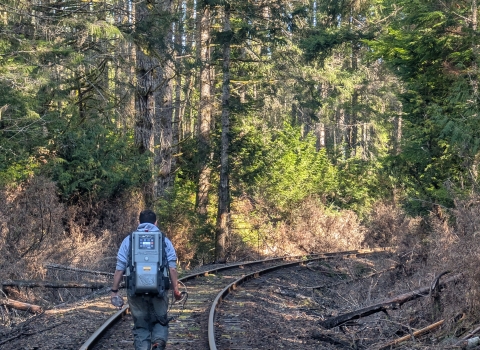 A person wearing a technical backpack walks down railroad tracks in the forest